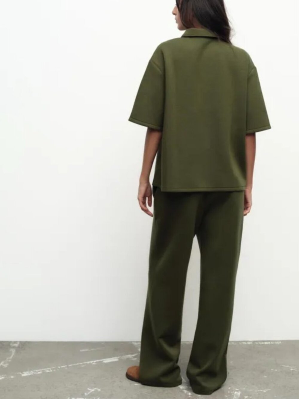 Zara Women's Outfit Set Khaki/Olive Flowy Zip Polo Collar Top Flowy Pants Size S - Picture 2 of 7